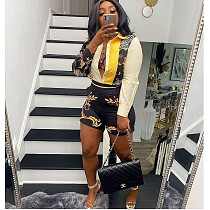 Summer Fashion Women Temperament Printed Long Sleeve Shirt Skinny Shorts Two-Piece Set CY-7011