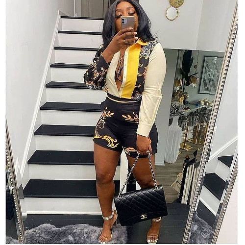 Summer Fashion Women Temperament Printed Long Sleeve Shirt Skinny Shorts Two-Piece Set CY-7011