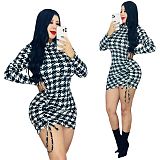 Houndstooth Long Sleeve O Neck Drawstring Skinny Dress CY-7091