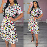 Letter Print Short Sleeve Single-Breasted Shirt Midi Dress CY-2525