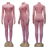 Women Long Sleeve Solid Ribbed Crop Top Pants Outfit CY-3132