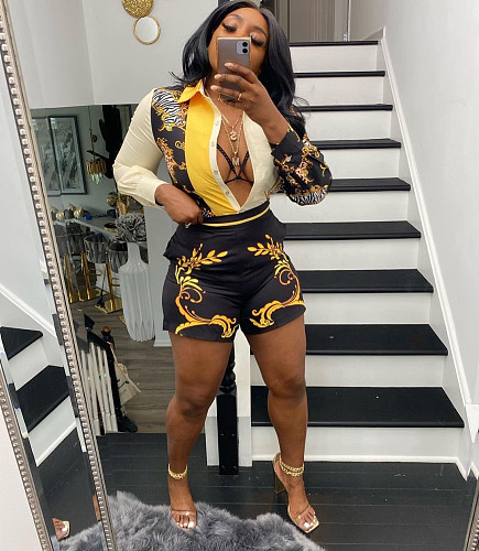 Summer Fashion Women Temperament Printed Long Sleeve Shirt Skinny Shorts Two-Piece Set CY-7011