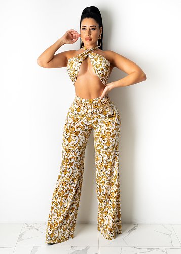 Women Sexy Printed Sleeveless Cross Wrap Halter Crop Tops Losse Wide Leg Pants Summer Two Piece Set CY-7007