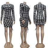 Houndstooth Long Sleeve O Neck Drawstring Skinny Dress CY-7091