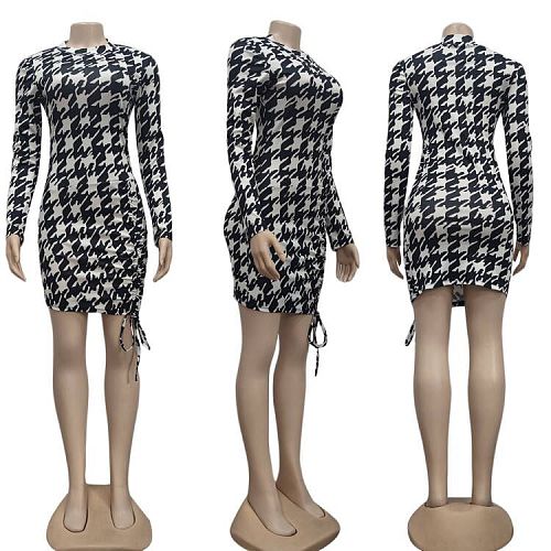 Houndstooth Long Sleeve O Neck Drawstring Skinny Dress CY-7091