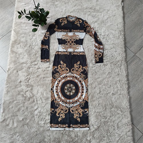 Pattern Print Long Sleeve See-through High Waist Long Dress CY-2426