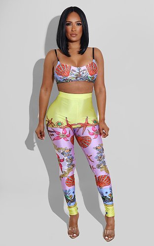 Summer Fashion Vintage Print Spaghetti Strap Crop Top Leggings Women Streetwear 2 Piece Pants Set CY-7034