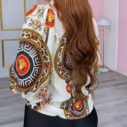 New Vintage Print Casual Long Sleeve Button Turn Down Collar Women Blouse Shirts CY-2490