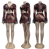 US Money Print Long Sleeve Tie Up Crop Top Mini Skirt Set CY-2397