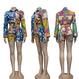 Floral Print Long Sleeve Single Breasted Shirt Shorts Set CY-7044
