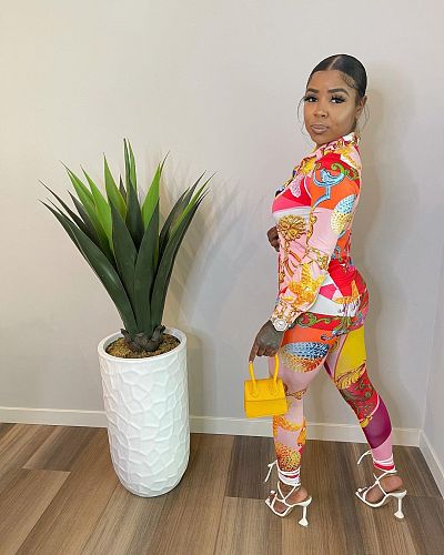 Women Fashion Print Long Sleeve Blouse Shirt Casual Skinny Pants Autumn Office Lady Two Piece Set CY-7017
