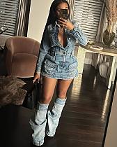 Women's Turn-down Collar Multi-pocket Denim Mini Dress (with bottoms) NIYA-8150