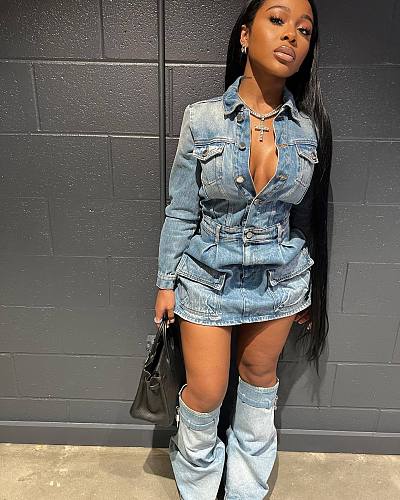 Women's Turn-down Collar Multi-pocket Denim Mini Dress (with bottoms) NIYA-8150