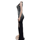 2024 Fashion Lady Mesh Hot Drilling Sleeveless Split Long Club Dress BY-6860