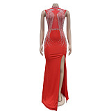 2024 Fashion Lady Mesh Hot Drilling Sleeveless Split Long Club Dress BY-6860