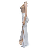 2024 Fashion Lady Mesh Hot Drilling Sleeveless Split Long Club Dress BY-6860