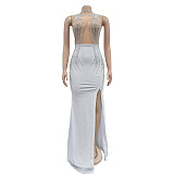 2024 Fashion Lady Mesh Hot Drilling Sleeveless Split Long Club Dress BY-6860
