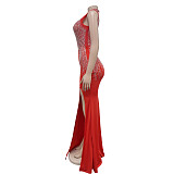 2024 Fashion Lady Mesh Hot Drilling Sleeveless Split Long Club Dress BY-6860