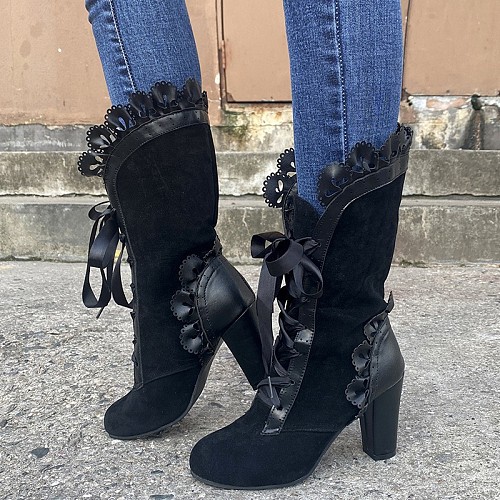 Women Lace Round Toe Lace Up Block High Heels Shoes Cowboy Mid Calf Boots Gothic RS-9103