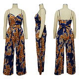 Fashion Printed Women Straps Pleated Wide-leg Jumpsuit YF-10481