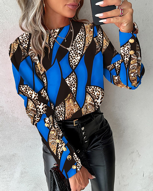 Stylish Leopard Prints Girls Long Sleeves Buttons T-shirt Top SRX-9101
