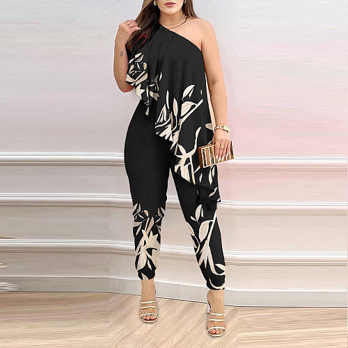 Stylish Printed One-shoulder Ruffled Off-the-shoulder Jumpsuit RS-88052