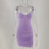 Women's Backless Straps Mesh Pleated Mini Club Dress MS-1302