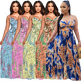 Fashion Printed Women Straps Pleated Wide-leg Jumpsuit YF-10481