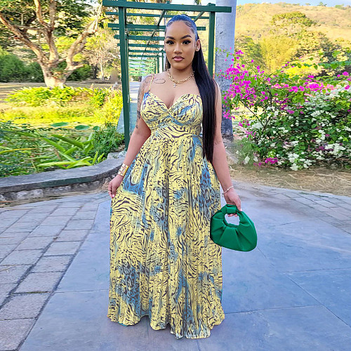 Fashion Printed Women Straps Pleated Wide-leg Jumpsuit YF-10481