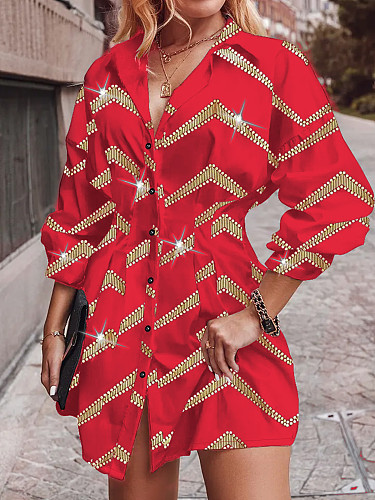2024 Fashion Printed V-neck Buttons Blouse Dresses Large Size SRX-9104