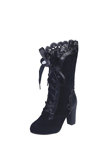 Women Lace Round Toe Lace Up Block High Heels Shoes Cowboy Mid Calf Boots Gothic RS-9103