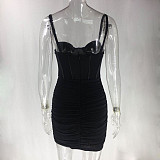 Women's Backless Straps Mesh Pleated Mini Club Dress MS-1302