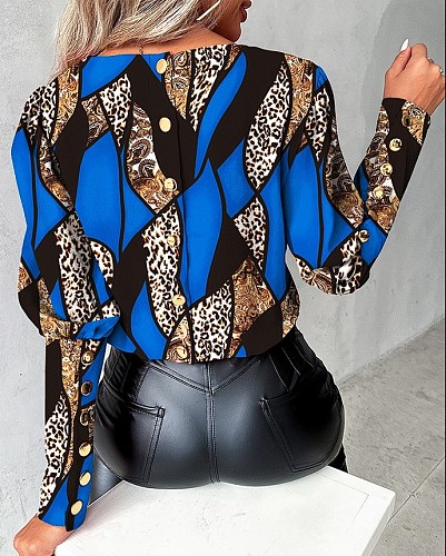 Stylish Leopard Prints Girls Long Sleeves Buttons T-shirt Top SRX-9101