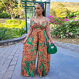 Fashion Printed Women Straps Pleated Wide-leg Jumpsuit YF-10481