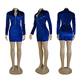 Women Long Sleeves Zipper Package Hips Mini Dress Blue CY-1024