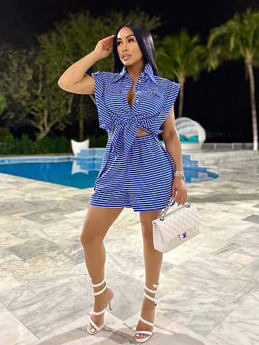 Fashion Stripes Print Girls Bell Sleeve Blouse And Shorts Suit JP-1093