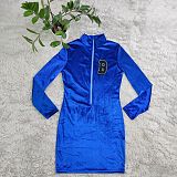 Women Long Sleeves Zipper Package Hips Mini Dress Blue CY-1024