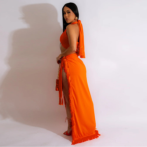 Sexy Women Boob Wrap Strap Tassel Split Two-piece Skirt Sets OSD-6997