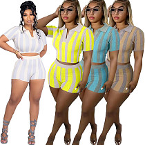 Striped Open Back Lace Up Crop Tops Shorts Set ORY-5238