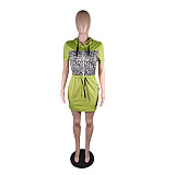 Plus Size Leopard Patchwork Short Sleeve Zipper Hooded Waist Lace-Up Women Mini Dress MK-9293