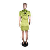 Plus Size Leopard Patchwork Short Sleeve Zipper Hooded Waist Lace-Up Women Mini Dress MK-9293