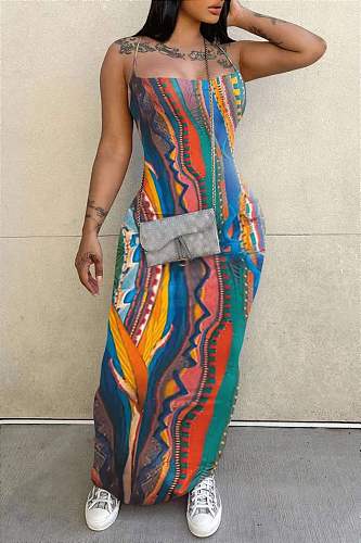 Fashion Print Women Backless Straps Tight Maxi Dress RS-2306