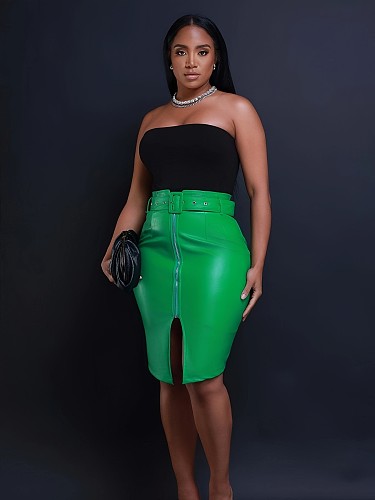 Women High Waist PU-Leather Zipper Split Midi Skirt Green MOF-8940