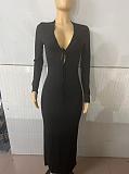 XS Low Cut Deep V Long Sleeve Bodycon Maxi Dress RS-0001