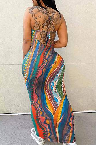 Fashion Print Women Backless Straps Tight Maxi Dress RS-2306