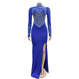 Elegant Ladies Hot Drilling Mesh Patchwork Transparent Split Maxi Dress BY-6825