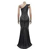 Sexy Women Single Shoulder Hot Drilling Black Long Dresses BY-6818