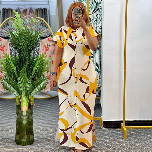 Elegant Ladies Printed Stand Collar Slit Large Size Long Dresses NNWY-7976