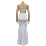 Elegant Ladies Hot Drilling Mesh Patchwork Transparent Split Maxi Dress BY-6825