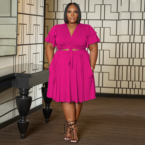 NEW Ladies V-neck Flounced Sleeves Lace-up Top And Skirts Plus Size Sets NNWY-7991